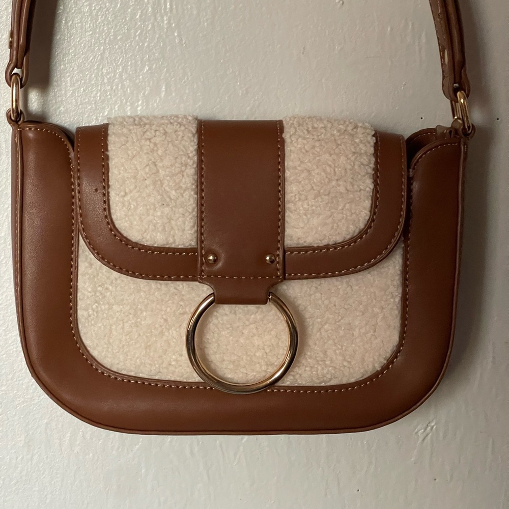 ANTIK‎ KRAFT Sherpa Shoulder Bag Brown Faux Leather Ring Detail Y2K